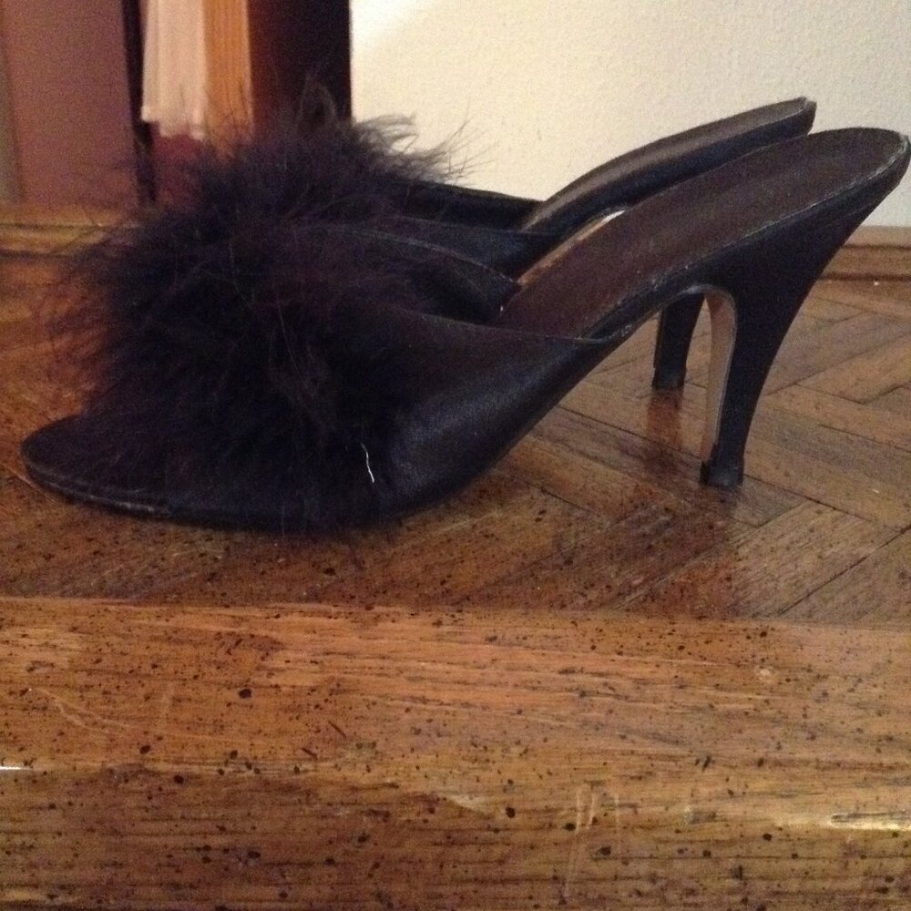 Vintage Satin Marabou Feathered Pom Pom Black Heeled Slippers